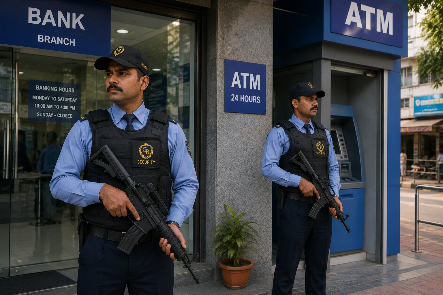 Armed guard stationed at a bank entrance
